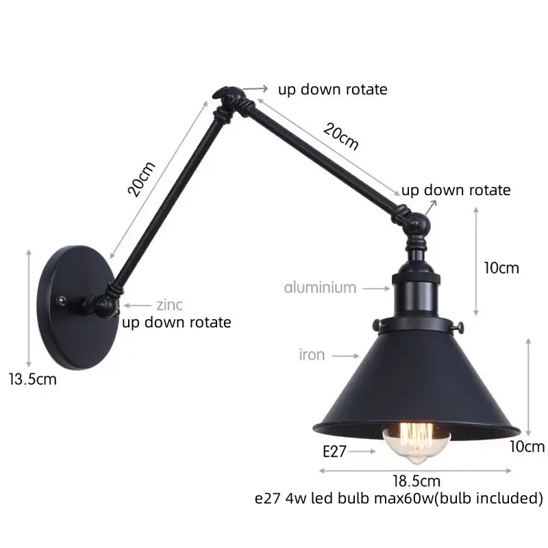 Black industrial loft led wall lamp with adjustable matte aluminum and iron sconce for decorbites industrial loft bedroom decor