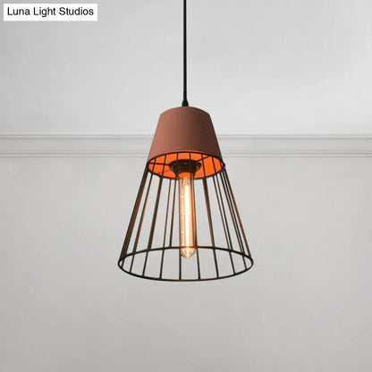 Industrial Loft Metallic Pendant Lighting - Gray/Red Tapered Design with Wire Guard - Ideal for Dining Room Ceiling