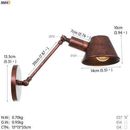 Antique bronze-finished industrial led wall light fixture with articulated arm and conical shade for bedroom use