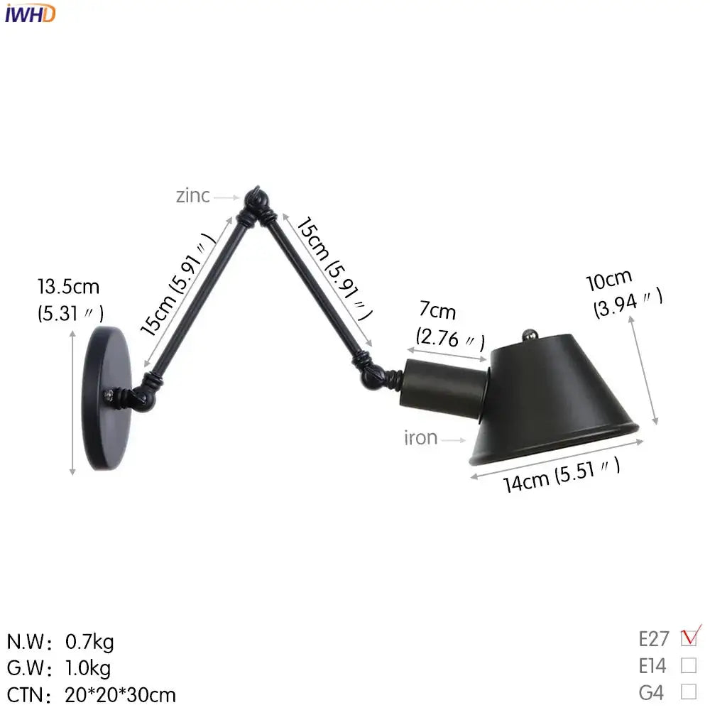 Industrial matte black led wall light fixture with zinc and iron articulated arms and conical shade for bedroom use