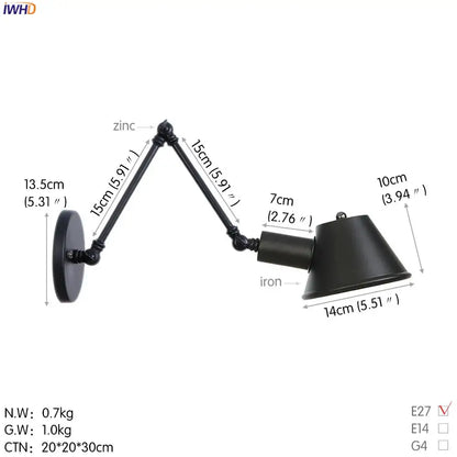 Industrial matte black led wall light fixture with zinc and iron articulated arms and conical shade for bedroom use