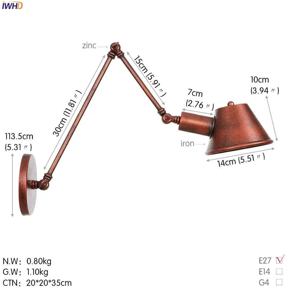 Antique bronze-finished adjustable led wall light with articulated arm and iron base for industrial bedroom use