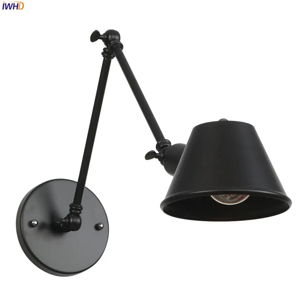 Black matte adjustable led wall light fixture with conical shade and articulated arm for industrial bedroom lighting