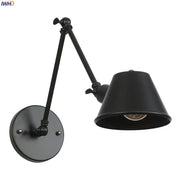 Black matte adjustable led wall light fixture with conical shade and articulated arm for industrial bedroom lighting