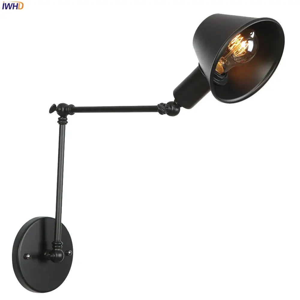 Black industrial matte wall light fixture with flexible gooseneck conical shade and exposed filament led wall light bulb