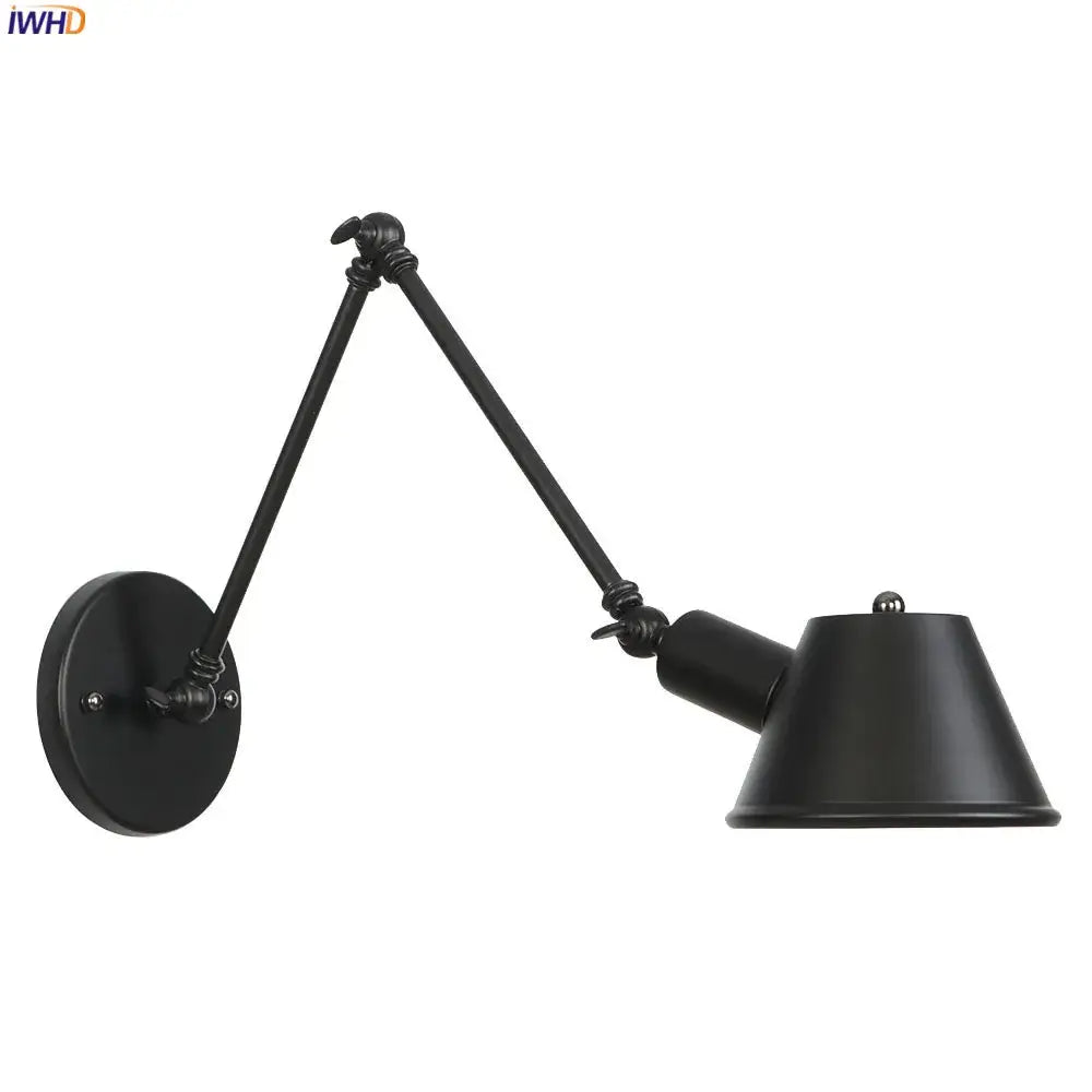 Black wrought iron industrial matte black adjustable led wall light fixture with conical shade for bedroom use