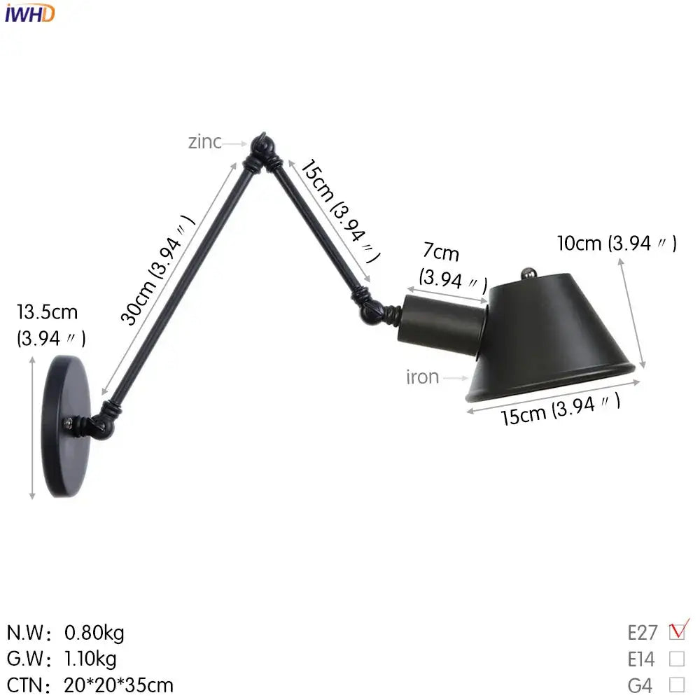 Industrial matte black wrought iron and zinc led wall light fixture with adjustable conical shade for bedroom use