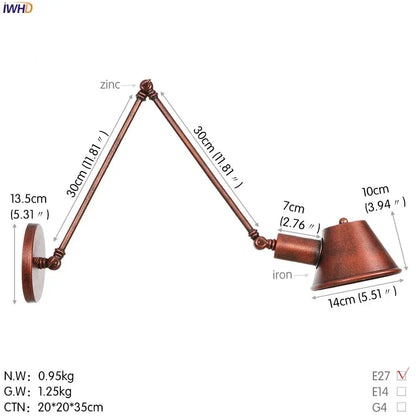 Antique bronze-finished adjustable led wall light fixture with articulated arms and conical shade for bedroom use