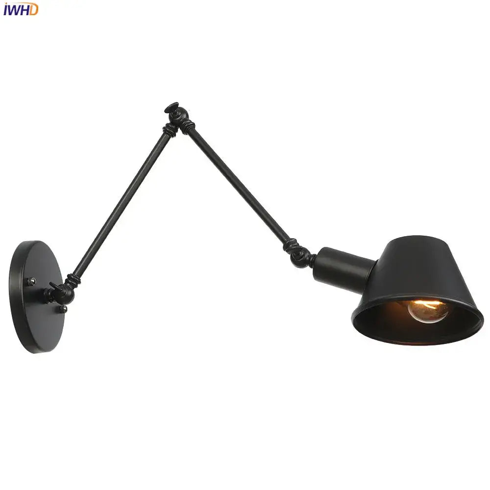 Black industrial matte led wall light fixture with articulated arms and conical shade for bedroom use