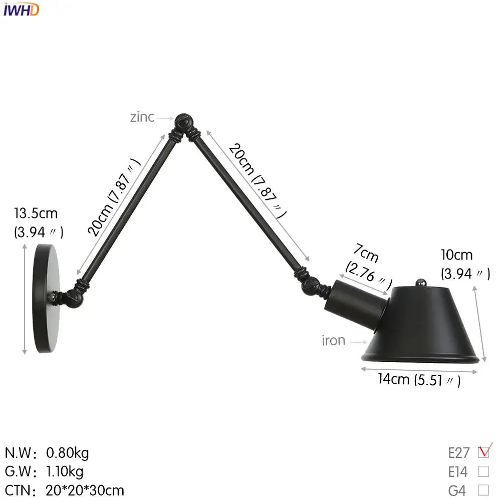 Black zinc and iron industrial matte black led wall light fixture with conical shade adjustable for bedroom use