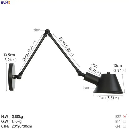 Black zinc and iron industrial matte black led wall light fixture with conical shade adjustable for bedroom use