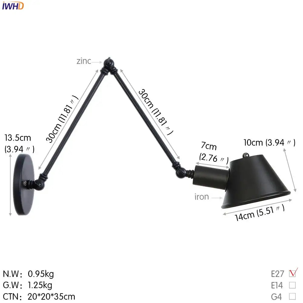 Black zinc and iron industrial matte black adjustable led wall light fixture with conical shade for bedroom use