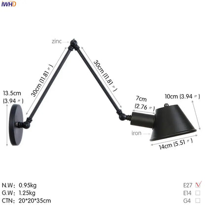 Black zinc and iron industrial matte black adjustable led wall light fixture with conical shade for bedroom use
