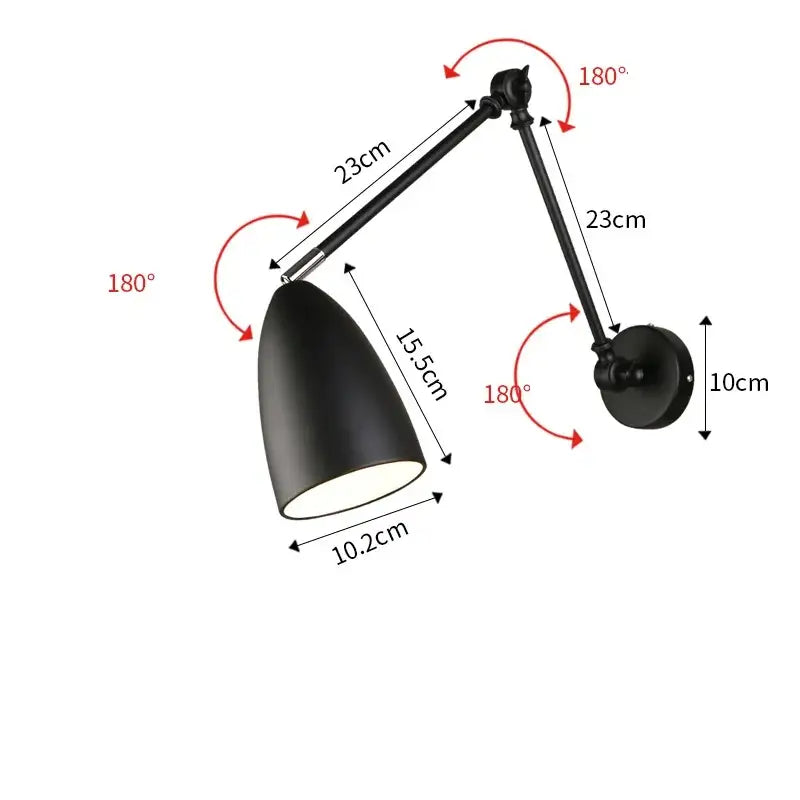 Black matte-finished industrial wall lamp with decorbites adjustable swing long articulated arms for bedroom use
