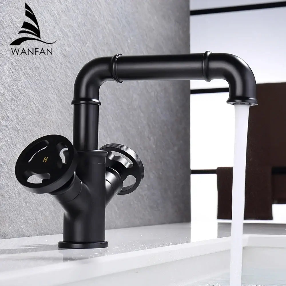 Industrial matte black brass bathroom faucet with wheel handles in decorbites black brass style and black brass bathroom design