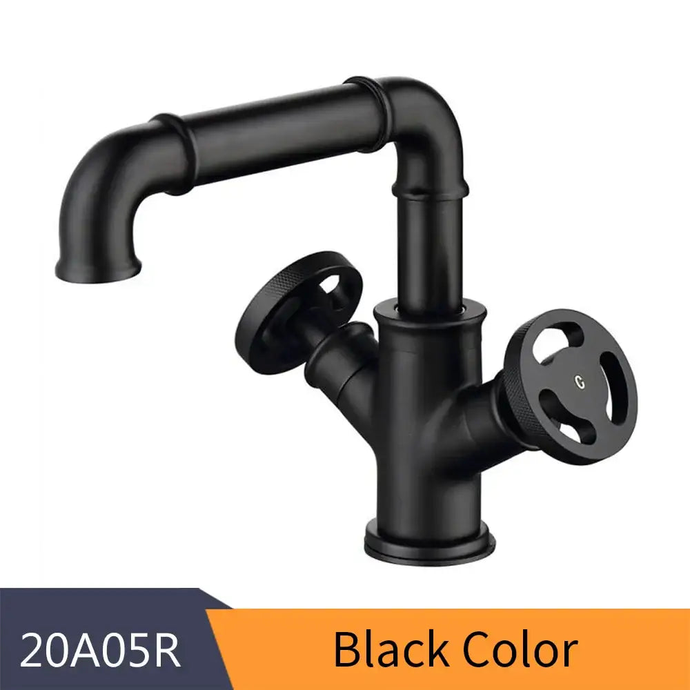 Industrial matte black brass bathroom faucet with wheel handles and pipe-like design for black brass bathroom decorbites