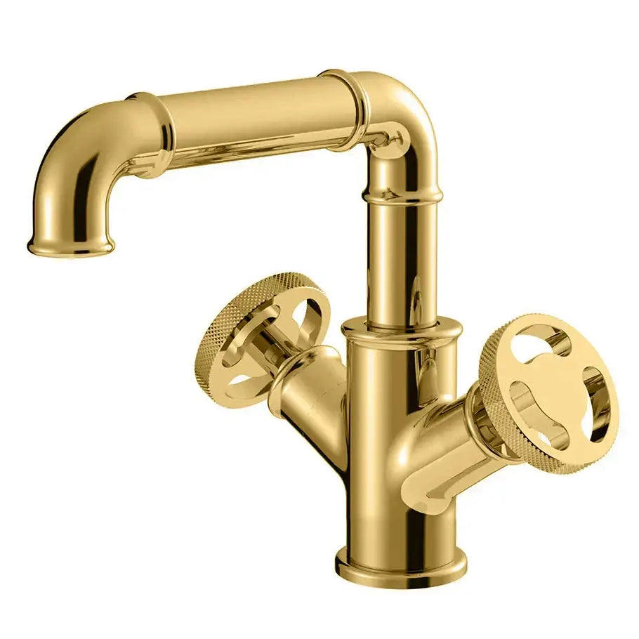 Gold-finished industrial style brass bathroom faucet with ornate textured handles for decorbites black brass collection