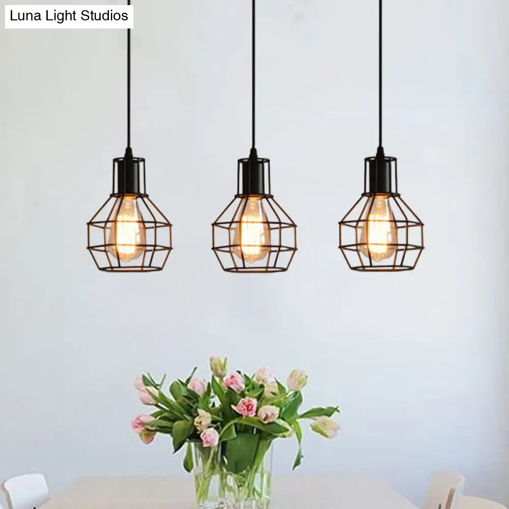 Industrial Matte Black Caged Pendant Light with Globe Shade - 3 Heads, Metallic Finish for Dining Room Ceiling