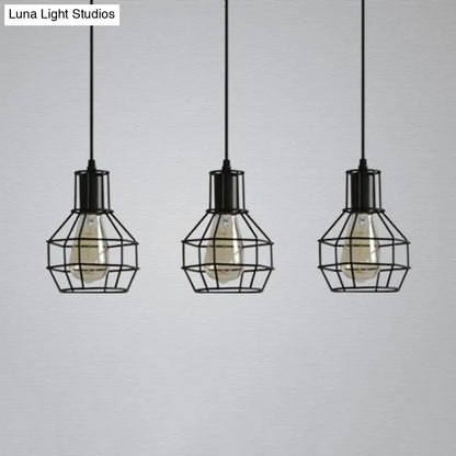 Industrial Matte Black Caged Pendant Light with Globe Shade - 3 Heads, Metallic Finish for Dining Room Ceiling