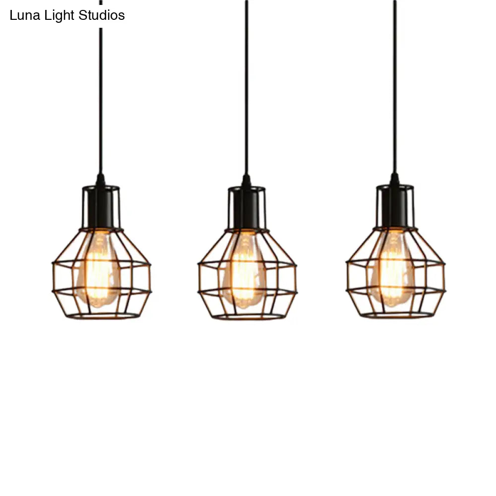 Industrial Matte Black Caged Pendant Light with Globe Shade - 3 Heads, Metallic Finish for Dining Room Ceiling