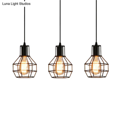 Industrial Matte Black Caged Pendant Light with Globe Shade - 3 Heads, Metallic Finish for Dining Room Ceiling