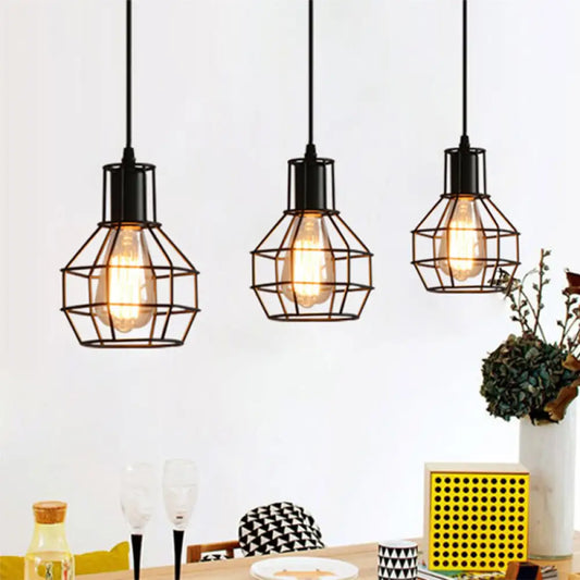 Industrial Matte Black Caged Pendant Light with Globe Shade - 3 Heads, Metallic Finish for Dining Room Ceiling