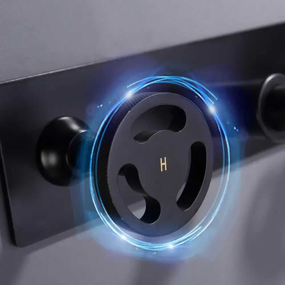 Black circular showerhead with glowing blue rim paired with decorbites industrial style basin faucet with dual handles