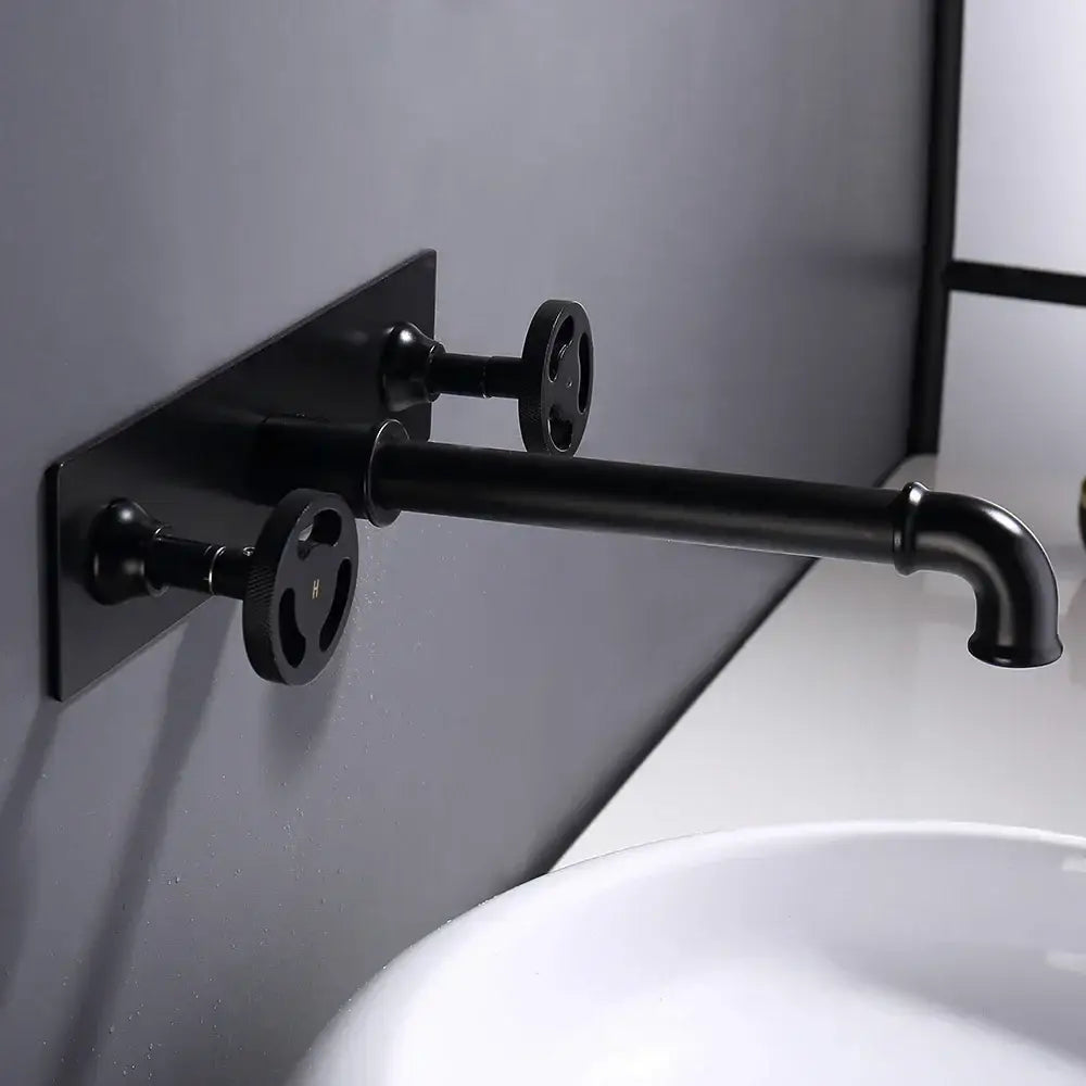 Industrial matte black basin faucet with dual handles and exposed pipe wall mount for decorbites industrial style bathroom decor