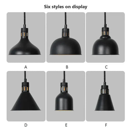 Industrial matte black electric food heat preservation lamp with flexible cords and ventilation slots for kitchen use