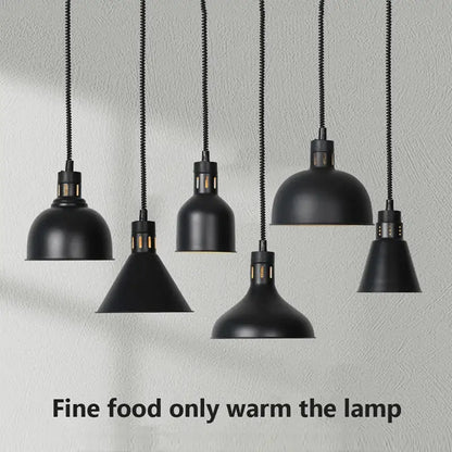 Industrial matte black pendant lamps with textured cords designed for electric food heat preservation in kitchens