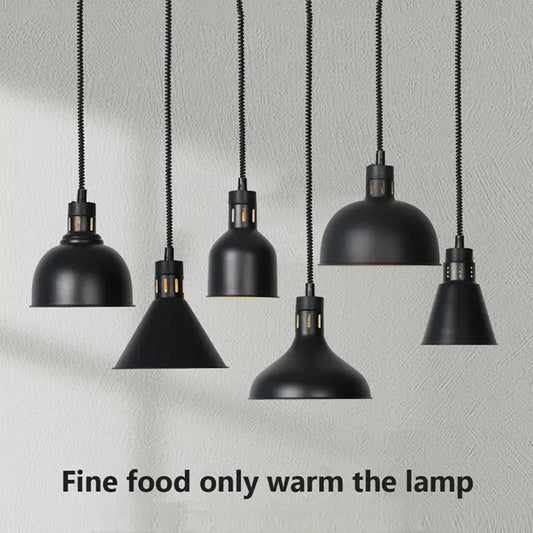 Industrial matte black pendant lamps with textured cords designed for electric food heat preservation in kitchens