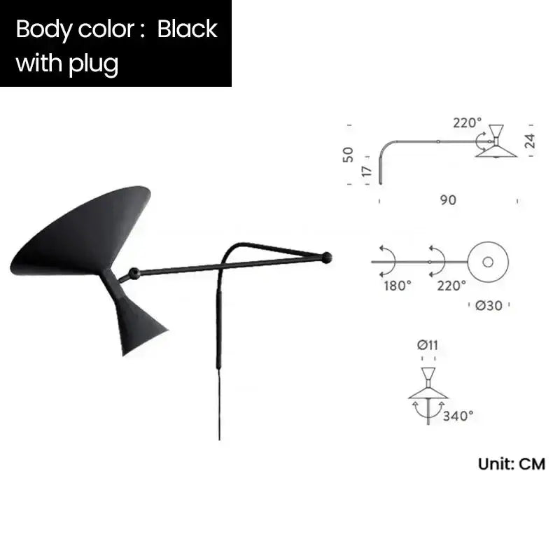 Industrial matte black wall sconce lamp with sleek angular design and articulated arm for bedroom use