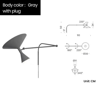 Gray metallic industrial wall sconce lamp with sleek curved arm and angular shade for bedroom use