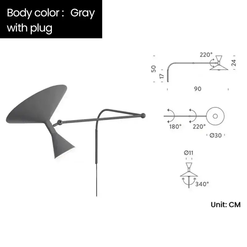 Gray metallic industrial wall sconce lamp with sleek curved arm and angular shade for bedroom use