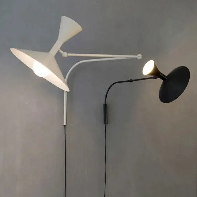 Industrial matte black rotatable wall sconce lamp with dual-arm metal design and white conical and black circular shades