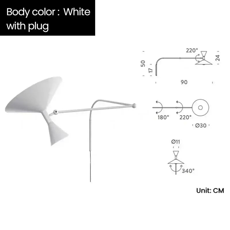 White minimalist wall sconce lamp with sleek curved arms and conical shade for industrial bedroom decor