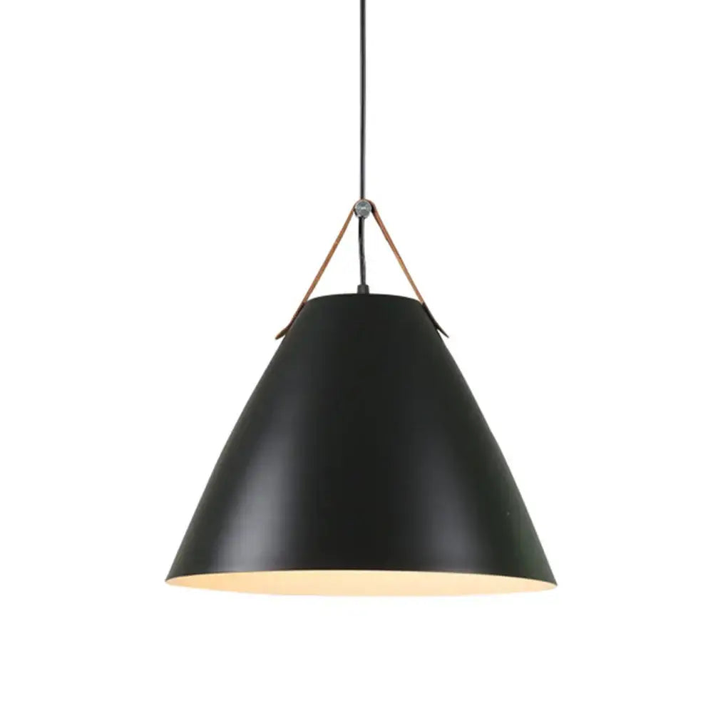 Industrial matte black pendant light fixture with wood leather straps and a warm interior glow for kitchen use