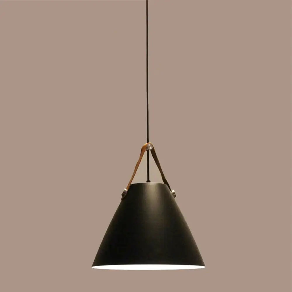 Industrial matte black pendant light fixture with conical matte finish and leather strap for kitchen use