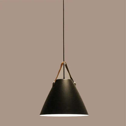 Industrial matte black pendant light fixture with conical matte finish and leather strap for kitchen use
