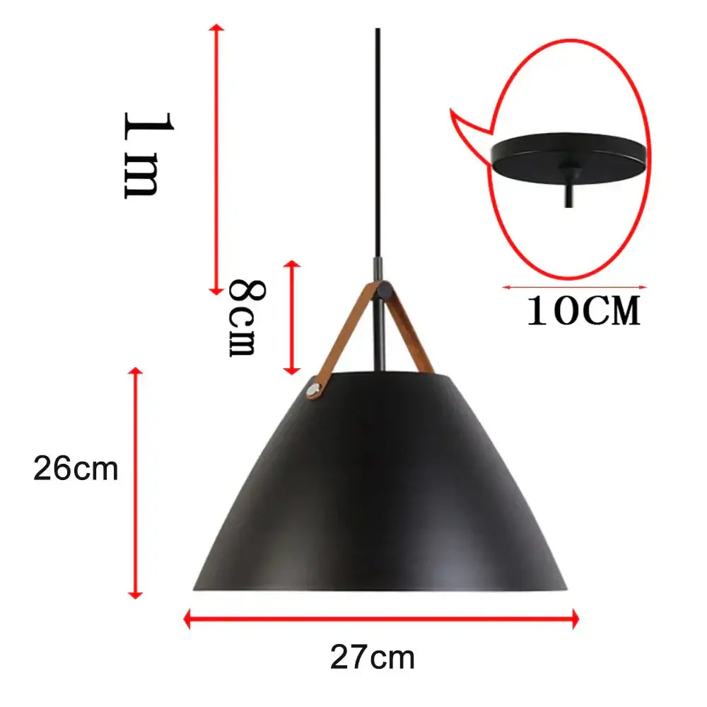 Industrial matte black and wood pendant light fixture featuring a black matte conical shade with wooden strap hardware