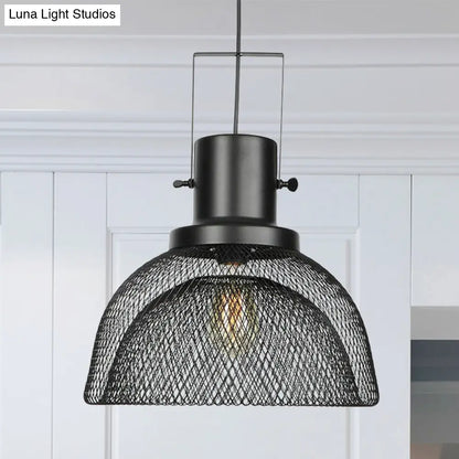 Industrial Mesh Cage Pendant Light - Black Metal Single Lamp for Living Room Hanging, with Shade