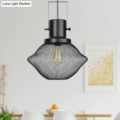 Industrial Mesh Cage Pendant Light - Black Metal Single Lamp for Living Room Hanging, with Shade