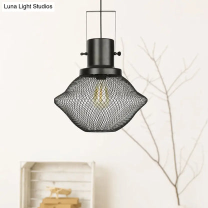 Industrial Mesh Cage Pendant Light - Black Metal Single Lamp for Living Room Hanging, with Shade