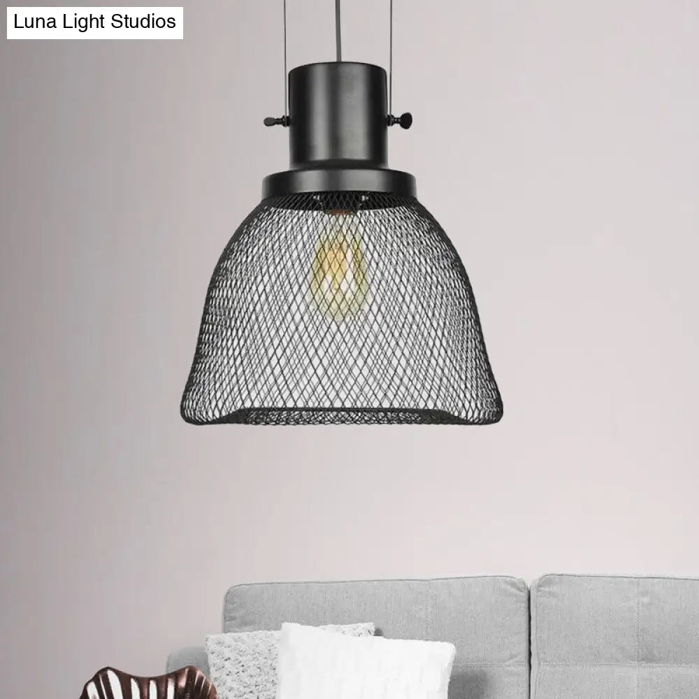 Industrial Mesh Cage Pendant Light - Black Metal Single Lamp for Living Room Hanging, with Shade