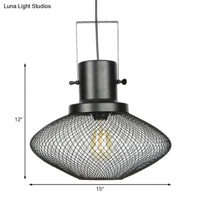 Industrial Mesh Cage Pendant Light - Black Metal Single Lamp for Living Room Hanging, with Shade