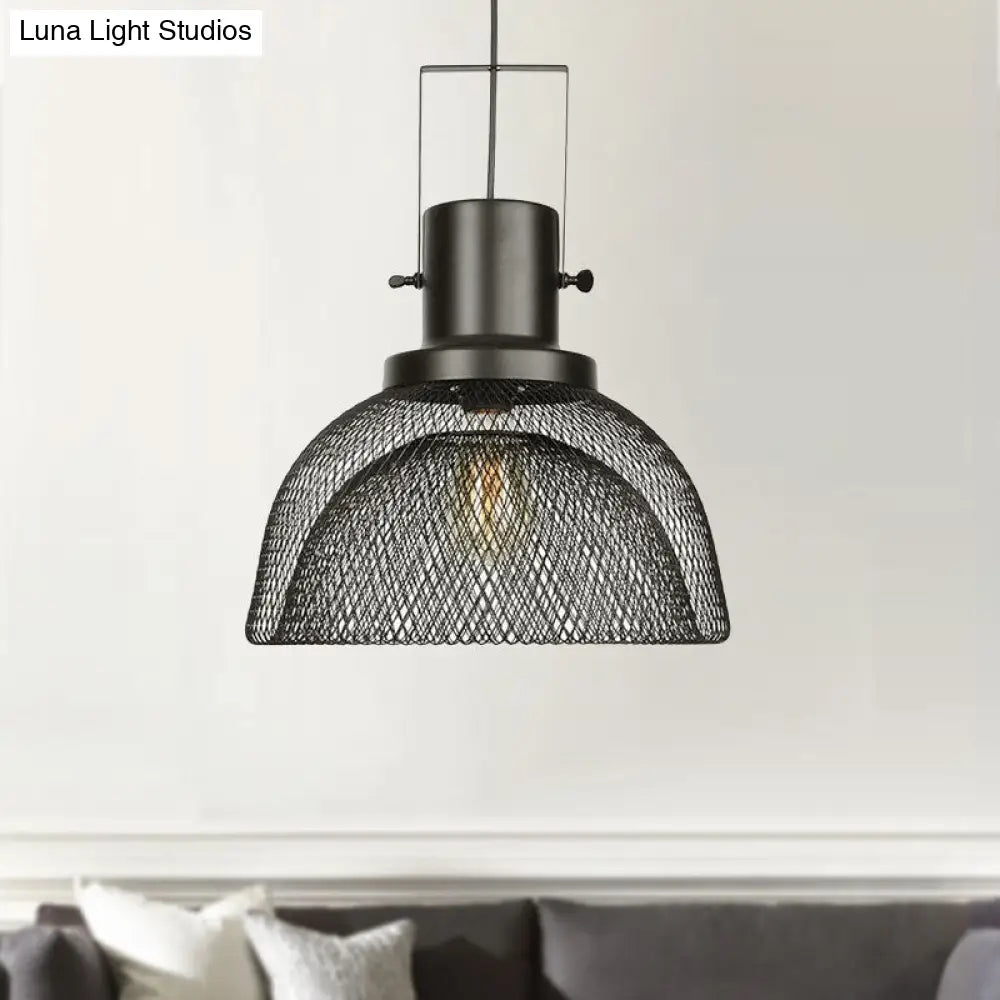 Industrial Mesh Cage Pendant Light - Black Metal Single Lamp for Living Room Hanging, with Shade