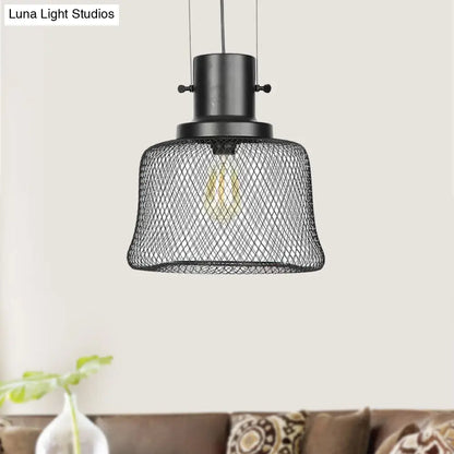 Industrial Mesh Cage Pendant Light - Black Metal Single Lamp for Living Room Hanging, with Shade