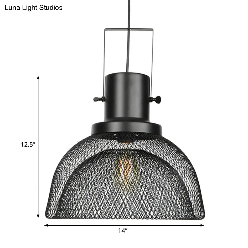 Industrial Mesh Cage Pendant Light - Black Metal Single Lamp for Living Room Hanging, with Shade