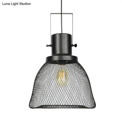 Industrial Mesh Cage Pendant Light - Black Metal Single Lamp for Living Room Hanging, with Shade