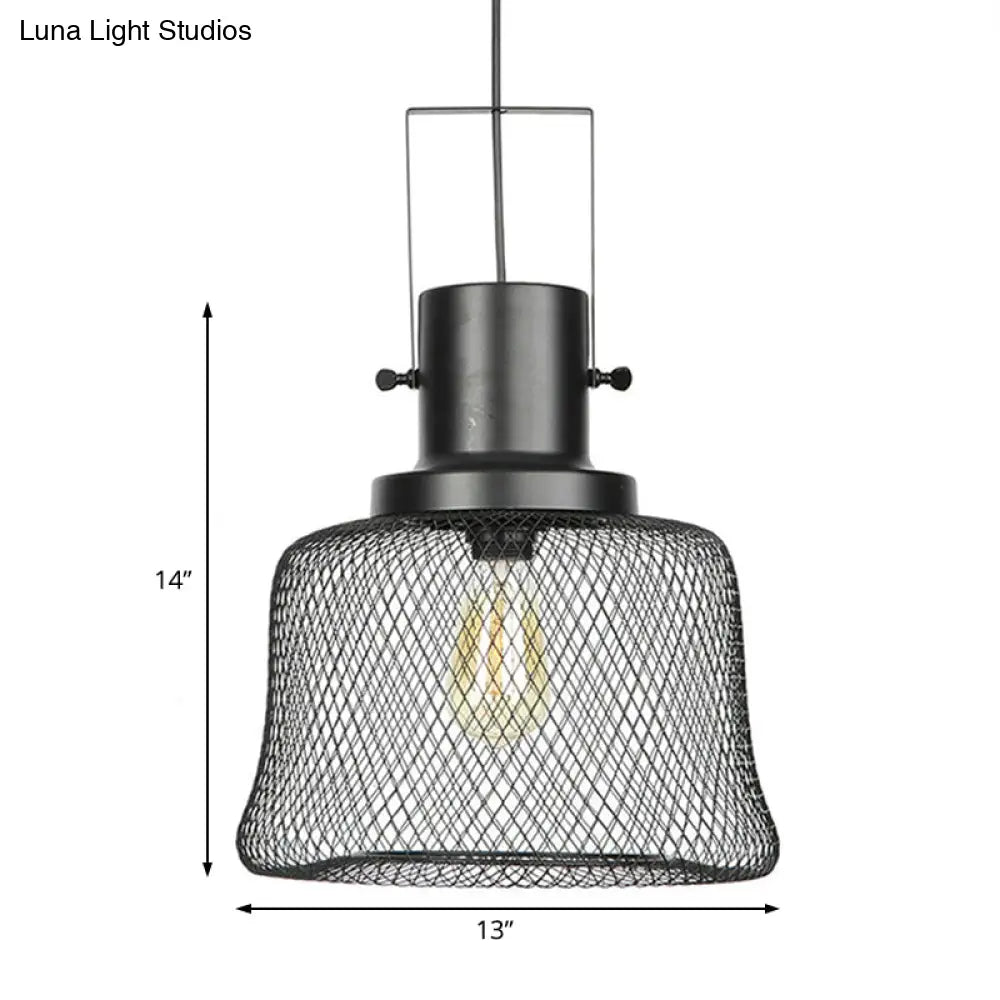 Industrial Mesh Cage Pendant Light - Black Metal Single Lamp for Living Room Hanging, with Shade